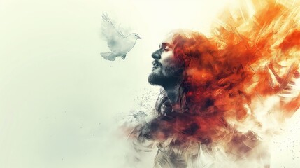 Jesus with a dove overhead, blending with watercolor elements, room for text, evokes peace