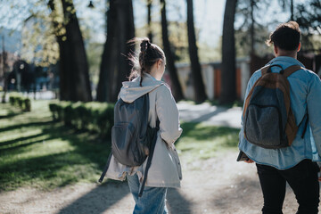 Two students walking on a sunny day, showcasing friendship and education.