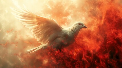 Obraz premium dove flies with grace amid intense flames, embodying peace overcoming conflict, a compelling narrative.