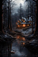Wooden cottage in the forest at night. Beautiful winter landscape.