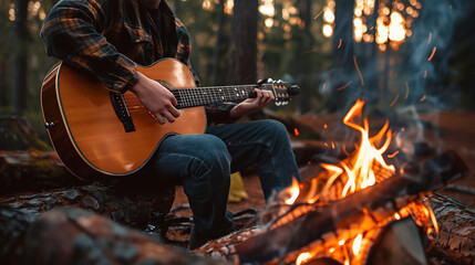 A musician man playing a guitar in the forest with camping bonfire enjoyment.
