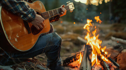 A musician man playing a guitar in the forest with camping bonfire enjoyment.