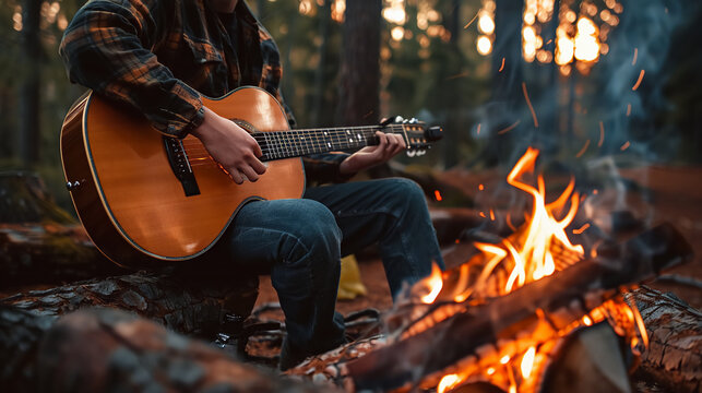 A musician man playing a guitar in the forest with camping bonfire enjoyment.