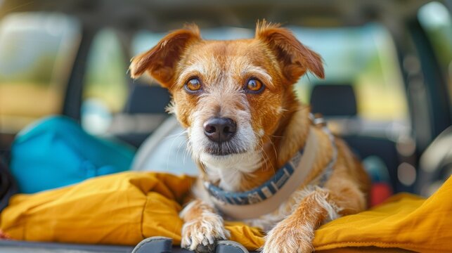 Domestic dog sitting in the car trunk. Family vacation.