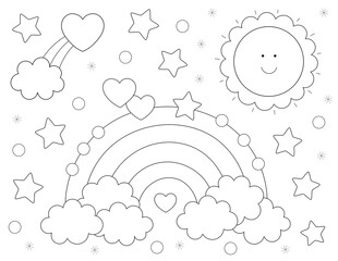 rainbow coloring sheet for kids. sun, stars, clouds and more fun shapes. you can print it on standard 8.5x11 inch paper