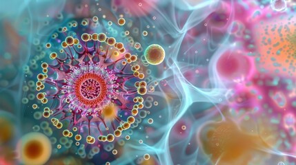 A microscopic image of a bacterial colony resembling a mesmerizing mandala with concentric circles of different colors radiating from