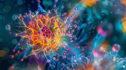 A microscopic image of a singlecelled toxic algae species showcasing its unique shape and coloration resembling a tiny firework exploding
