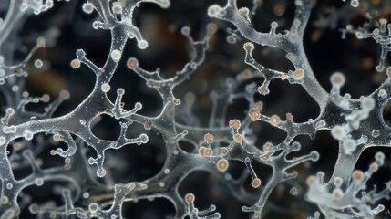 An upclose image of aerial hyphae the species of fungal hyphae that grow above ground and produce spores. The thin almost translucent - obrazy, fototapety, plakaty
