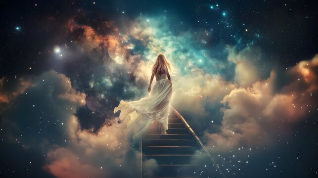 Woman Walking A Staircase Up Ascending Into Heaven Cosmos Galaxies Stars (Generative AI) - Powered by Adobe