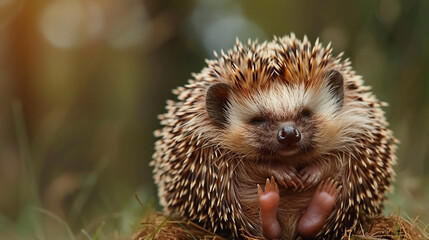 Fototapeta premium A small, spiny hedgehog wildlife with brown fur snuffles around in a grassy area, 