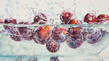 A sequence of plums falling into a water basin - obrazy, fototapety, plakaty