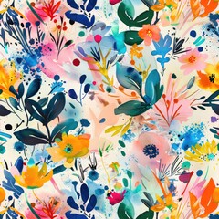 An abstract floral pattern created with watercolor splashes and blooms