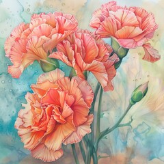 Carnations with watercolor drops enhancing their ruffled edges - obrazy, fototapety, plakaty