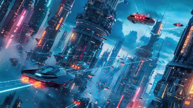 Futuristic cityscape with flying cars and neon-lit skyscrapers