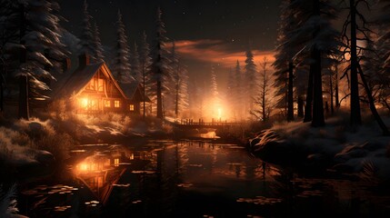 Foggy winter night in the forest - 3D render illustration
