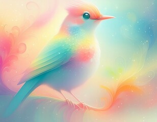 bird rainbow swirl spiral-shaped vector illustration bright rainbow colors, delicate clouds hinted at in the background, small splashes of color, glowing little stars