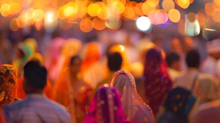 Blurred crowd of people in a festive atmosphere adorned in traditional clothing captured in a defocused background symbolizing the unity and diversity of global cultures celebrated .
