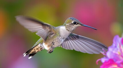 A determined hummingbird in flight, hovering near a blurred flower, symbolizing the delicate balance between freedom and the pursuit of goals