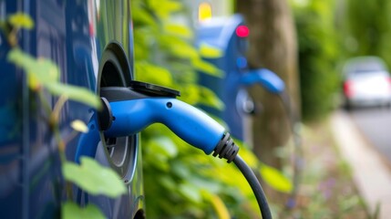 Closeup of the charging station infrastructure for electric cars demonstrating the growth and potential of the green transportation revolution. .