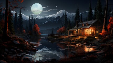 Night landscape with lake, mountains and wooden house in the forest.