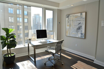 A serene home office with a sleek desk and ergonomic chair, bathed in warm natural light from a floor-to-ceiling window.