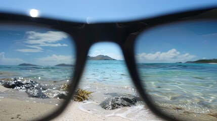 Photo through polarized sunglasses. Summer vibes. Sun, sea, beach. Background with copy space. Generative AI