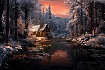 Winter landscape with a cottage in the middle of a frozen river.