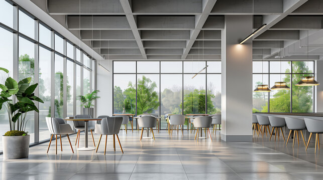 An empty modern cafe interior design with chairs and tables, large windows with a natural view, and indoor plants. Generative AI