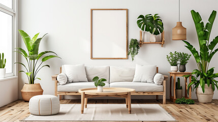 A modern interior with a blank poster on the wall, surrounded by plants and wooden furniture,...