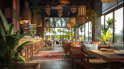 Cozy restaurant interior with ethnic decor, natural light, tropical plants, stylish furnishings on a wooden floor, concept of dining out. Generative AI