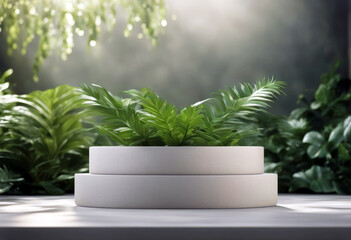 'Stone green plant stand blurred 3D Cosmetic splay rendering podium poduim dais product background...