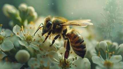 A bee sips nectar from a colorful flower in nature