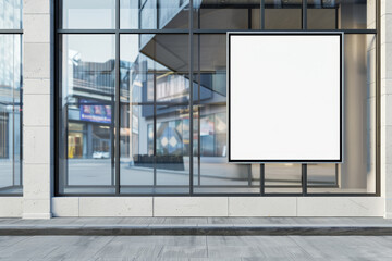 A blank white poster on a modern building's facade, set against a city street for advertising concepts. Generative AI
