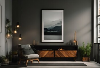 home interior 3d fireplace poster modern Mock render