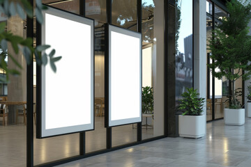 Blank billboards in a modern building exterior, with plant decor and evening light, concept of advertising space. Generative AI