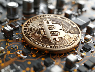A close-up image of a golden Bitcoin on a detailed circuit board, concept of cryptocurrency...