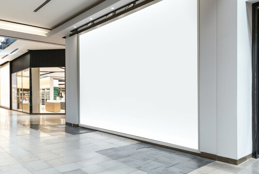 A large blank billboard in a modern shopping mall corridor, white facade, concept for advertising space. Generative AI