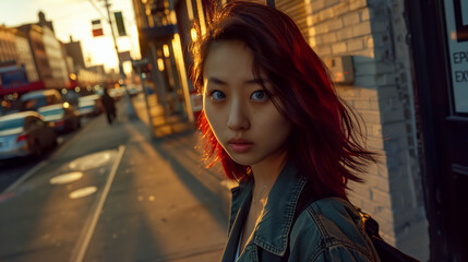 Fototapeta premium A stylish asian woman portrait, walks down a city street at golden hour