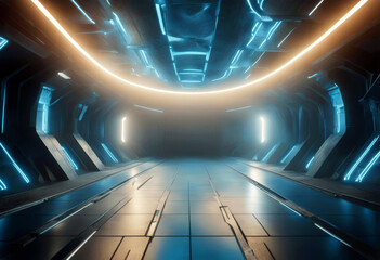 'Chip Color 3D Concrete Laser Tunnel Lines Futuristic Corridor Blue Podium Circle Underground Fi...