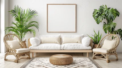 A modern living room setup with a sofa, wicker chairs, plants, and a blank poster on the wall,...