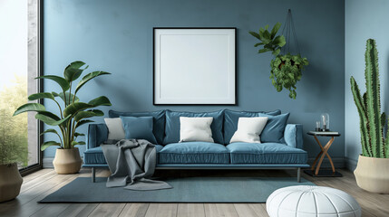 Modern living room interior with a blank poster on the wall, blue sofa, and decorative plants, Generative AI.