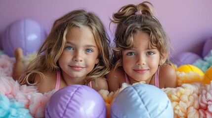 Fototapeta na wymiar Adorable Beach Day: Children on Inflatable Mattresses