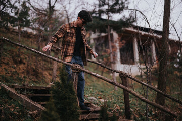 A young person in casual attire relishing the calm of a rustic setting with friends nearby, embracing the essence of fall