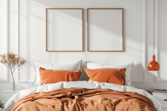 Frame mockup, Empty Picture Frame Mockup in Modern Bedroom with White Bedding, high-resolution (300 DPI)