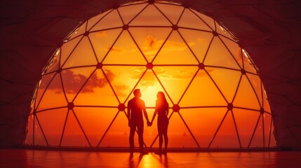 As the sun sets behind them a couple holds hands and breathes in the serene tranquility of a meditative dome. 2d flat cartoon.