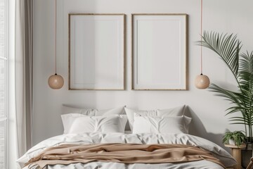 Frame mockup, Empty Picture Frame Mockup in Modern Bedroom with White Bedding, high-resolution (300 DPI)