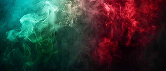 Smoke in red green light on black background ,Red steam on a black background ,Colored background with winding clouds of smoke from patterns of different forms of pink, green and blue colors 