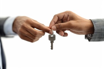 Secure Property Transfer: Real Estate Agent Handing Over Apartment Keys in Bright Office Environment