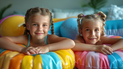 Playful Moments: Children on Lilac Background with Beach Toys