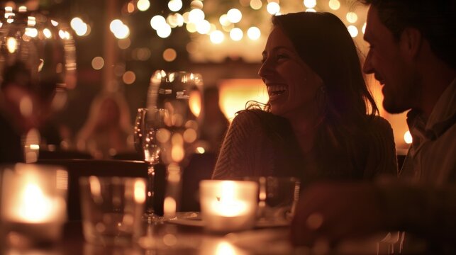 A cozy candlelit dinner for two with a glowing fireplace in the background casting a soft romantic glow over the couple as they talk and laugh in each others company. The rest of the .